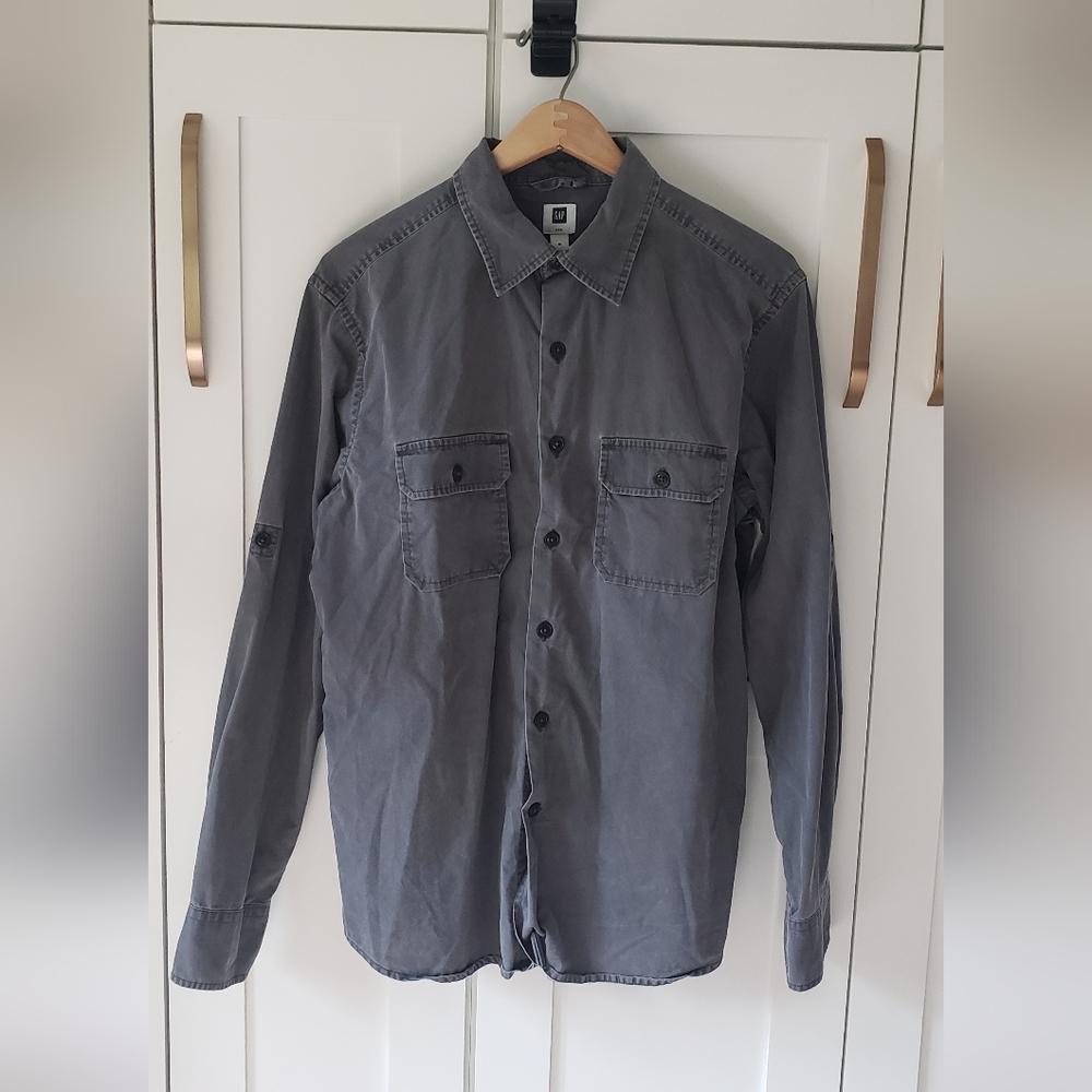 GAP Shirt Mens M Dark Gray Solid Button Down Casual Utility Fall Long Sleeve Top